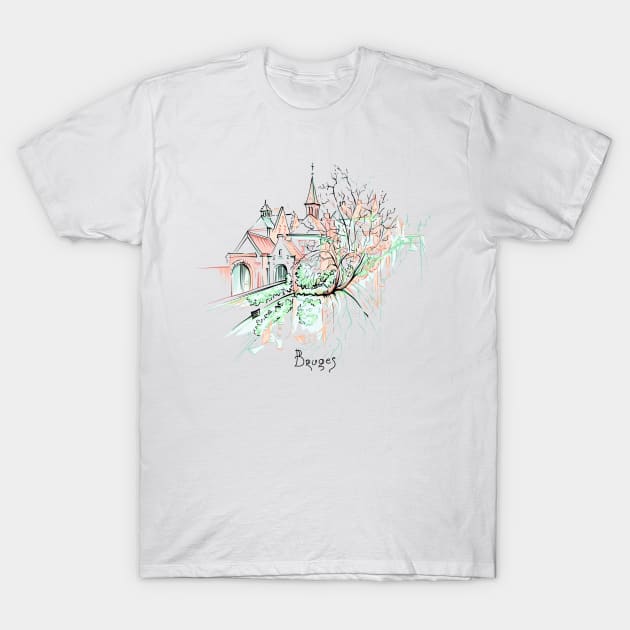 Scenic city view of Bruges canal with beautiful houses and church T-Shirt by kavalenkava